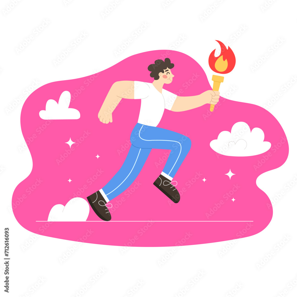 Man running marathon with olimpic torch. Vector illustration in modern flat style Man running marathon with olimpic torch. Vector illustration in modern flat style