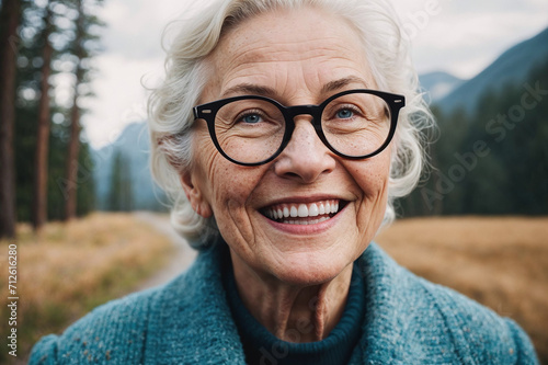 AI-generated illustration of a Close-up portrait of a gorgeous happy senior lady