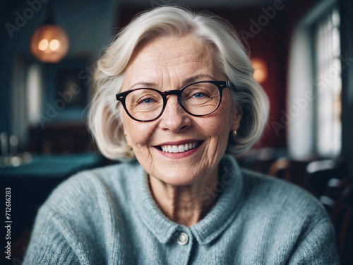 AI-generated illustration of a Close-up portrait of a gorgeous happy senior lady