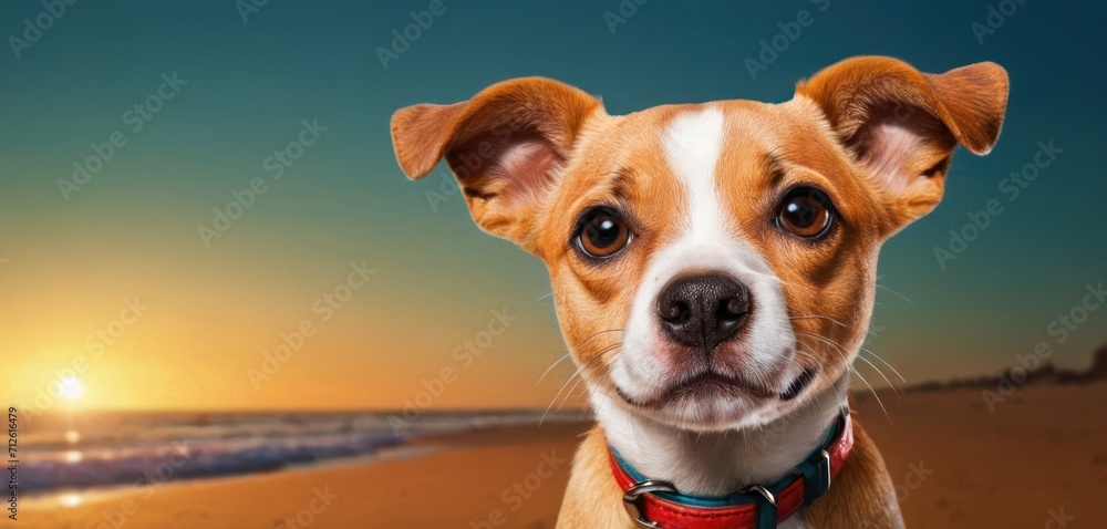  a brown and white dog standing on top of a sandy beach next to the ocean with the sun setting in the sky behind it and a dog looking at the camera.