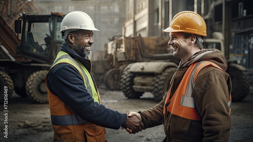 details of the handshake of builders at a construction site or construction site, facial expressions and texture of protective helmets and vests photo