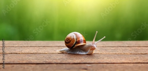 a close up of a snail on a wooden surface with a blurry background of grass and a blurry sky in the foreground of the snail's foreground.