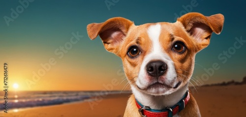  a brown and white dog standing on top of a sandy beach next to the ocean with the sun setting in the sky behind it and a dog looking at the camera.