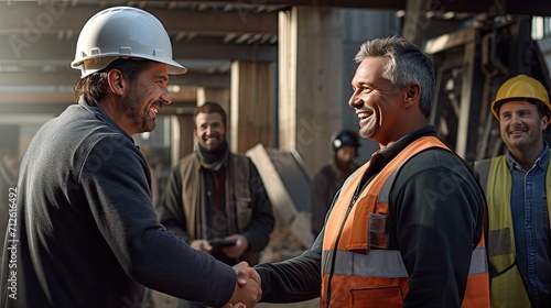 details of the handshake of builders at a construction site or construction site, facial expressions and texture of protective helmets and vests photo
