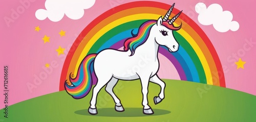  a unicorn standing on a hill with a rainbow in the background and clouds in the sky over the top of the hill are stars and a rainbow in the sky.