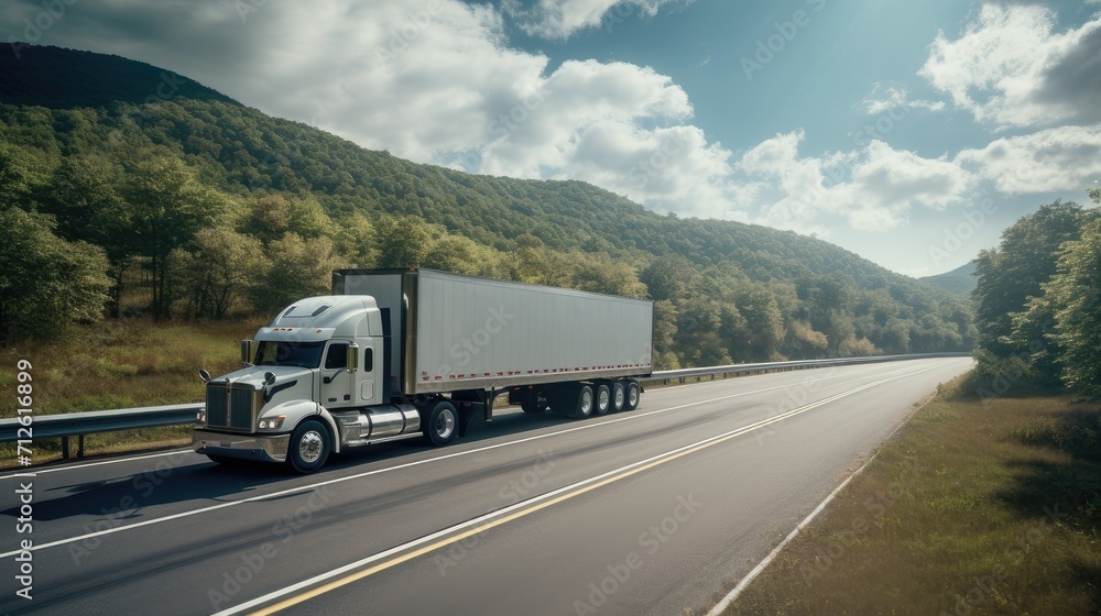 white truck or semi moving along the highway. Panning is used to emphasize the sense of speed and movement, white truck or semi moving along the highway. Panning is used to emphasize the sense of speed and movement,