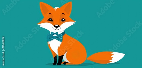  a red fox wearing a bow tie sitting on top of a blue background with the words fox on it's chest and the words fox on the front of the image.