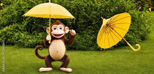  a statue of a monkey holding an umbrella next to a statue of a monkey holding a yellow umbrella in a grassy area with shrubbery behind it and a yellow umbrella.