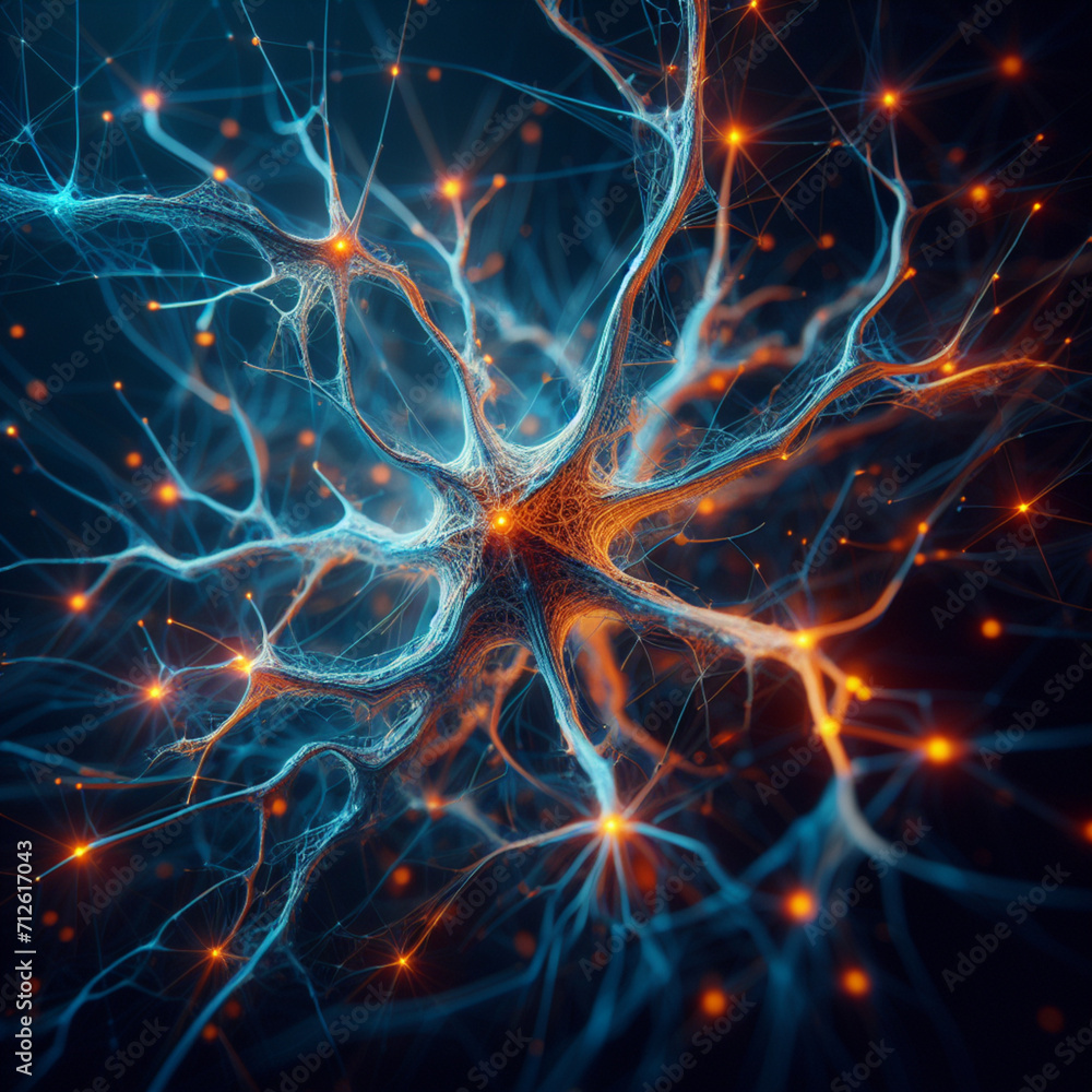 Neural network, neurons, macro, real, detailed, blue and orange vibrant colors