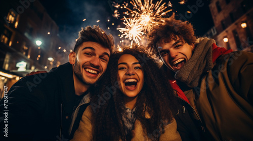 Group of friends celebrating together, smiling, happy people, holding fireworks, New Year's Eve, birthday, anniversary, wedding, celebrating together, outdoor party, night life, friendship 