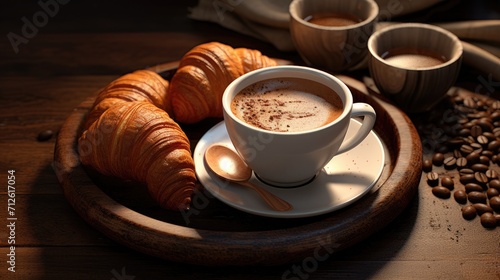 arrangement of coffee cups  cookies and croissants on a colored background  a composition with visually pleasing space and each element complementing the others