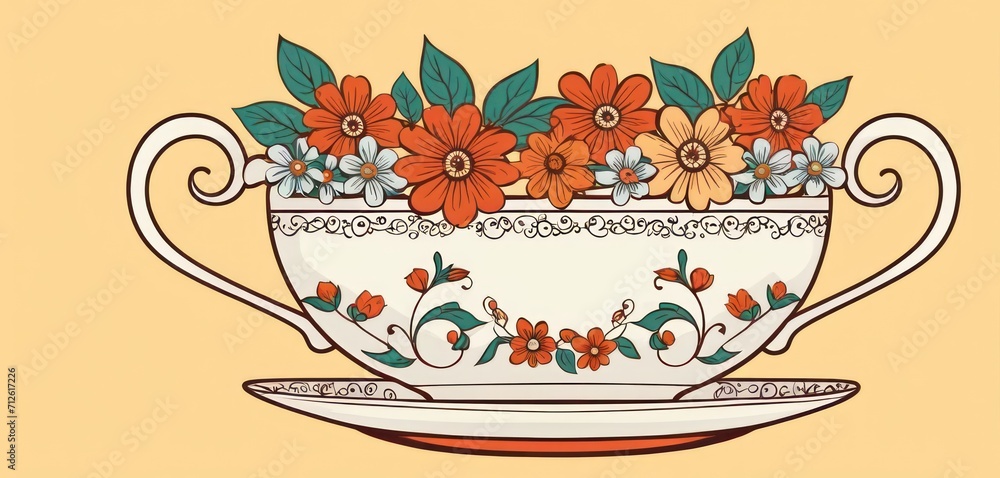  a drawing of a tea cup with flowers in the middle of the cup and a saucer with a saucer on the side of the cup and a yellow background.