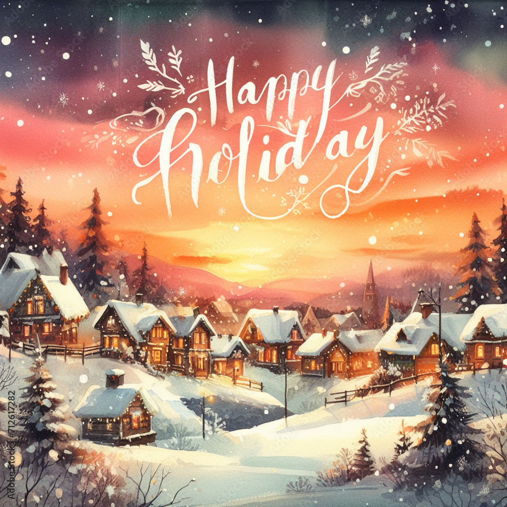 A Christmas Card Design With A Hand Painted Watercolor Winter Village