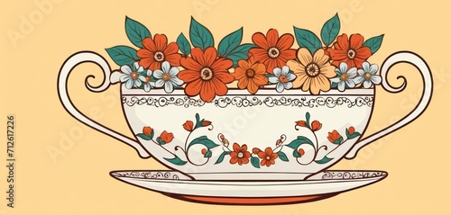  a drawing of a tea cup with flowers in the middle of the cup and a saucer with a saucer on the side of the cup and a yellow background.