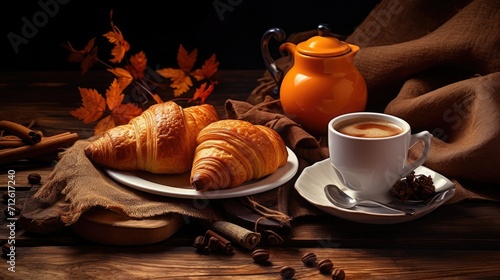 arrangement of coffee cups, cookies and croissants on a colored background, a composition with visually pleasing space and each element complementing the others