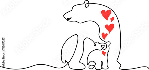 Continuous one line drawing. Polar bear with baby cub