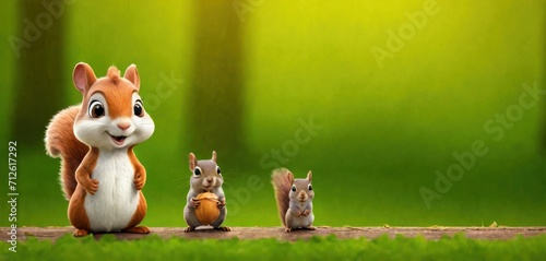  a squirrel  a squirrel  a squirrel and a squirrel are standing in the grass in front of a green background with trees and grass and a squirrel is looking at the camera.