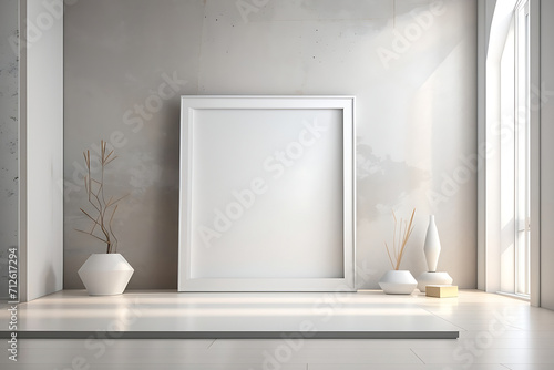 Creative interior concept. Abstract white grey wall room with blank empty frame. Template for product presentation design. Mock-up 3D rendering. Copy text space