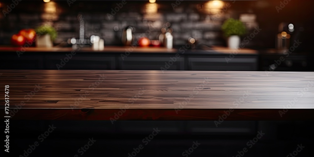 Wooden table with free space for decoration, blurred kitchen background. Copy space. Dark interior with kitchen furniture.