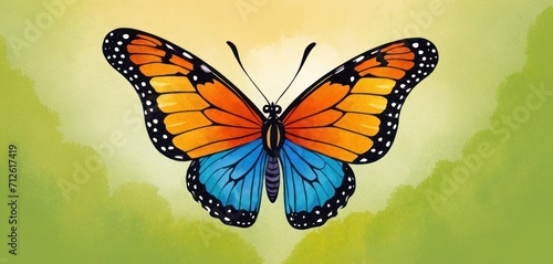  a painting of a butterfly with orange and blue wings and white dots on it's wings, on a green and yellow background, with a yellow spot in the center.