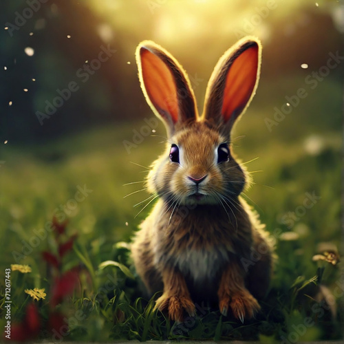 Rabbit is sitting in field of grass and flowers © ParthoArt