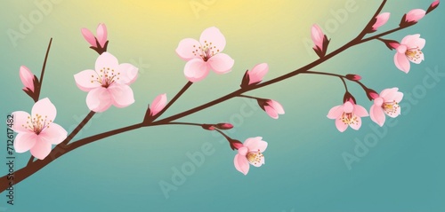  a branch of a blossoming cherry tree with pink flowers on a green and blue background with a yellow sun in the middle of the sky in the middle of the background.