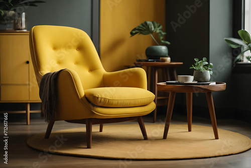 Cute yellow lounge chair near the round wooden coffee table and grey design.