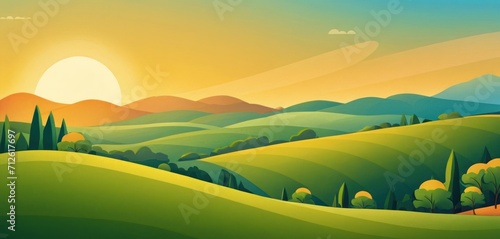  a painting of a green landscape with hills and trees with the sun rising over the horizon and hills with trees in the foreground, and a bird flying in the foreground.