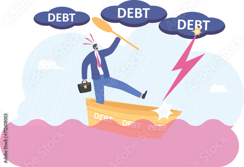 Businessman in sinking boat from debt tax,

