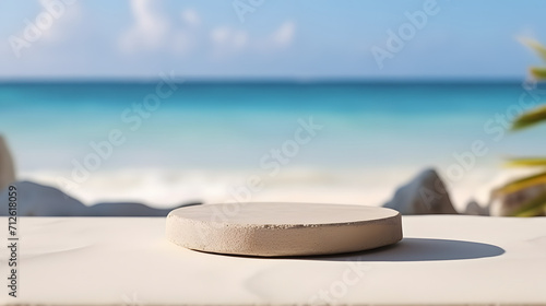 Summer sand and sea product placement background with empty flat stone podium