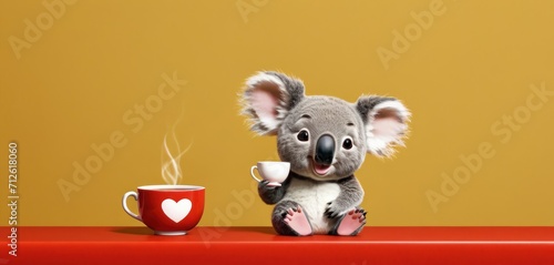  a koala sitting on a table next to a cup of coffee with a heart drawn on the side of it and a mug of coffee in front of it.