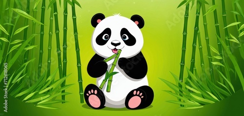  a panda bear sitting in the middle of a bamboo forest holding a bamboo stick in it s mouth and chewing on it s leafy green bamboo stalks.