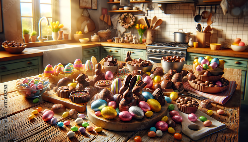 Cuisine avec œufs en chocolat, lapin en chocolat, peint et coloré pour les fêtes de paques image idéale pour illustrer et célébrer paques	 - obrazy, fototapety, plakaty 