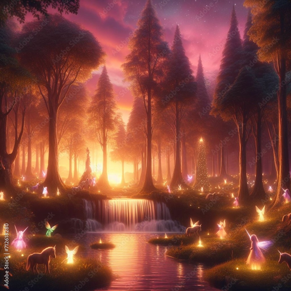 
Floresta encantada ao crepúsculo: árvores iluminadas por fadas, cascata brilhante para lago sereno, criaturas místicas e céu rosa-roxo.