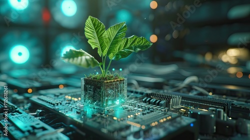 Concept of green technology. green recycle sign on circuit board technology innovations. Environment Green Technology Computer Chip.Green Computing. AI generated illustration photo