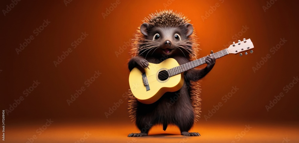  a hedgehog holding a guitar and singing into it's mouth while standing in front of an orange background with a red light in the middle of the background.