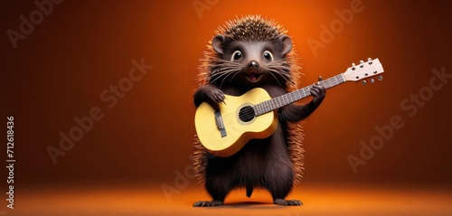  a hedgehog holding a guitar and singing into it s mouth while standing in front of an orange background with a red light in the middle of the background.