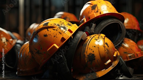 close-ups of construction helmets, highlighting intricate details such as scratches, dirt and wear. This adds to the story of the construction worker's experiences