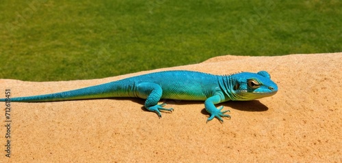  a small blue lizard sitting on top of a sand covered ground next to a lush green grass covered field on top of a stone slab in the sunlit area of a sunny day.