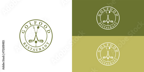 Restaurant Golf Bar Vintage with Ball and Fork logo design presented with multiple background colors. The logo is also suitable for a golf restaurant logo design inspiration template