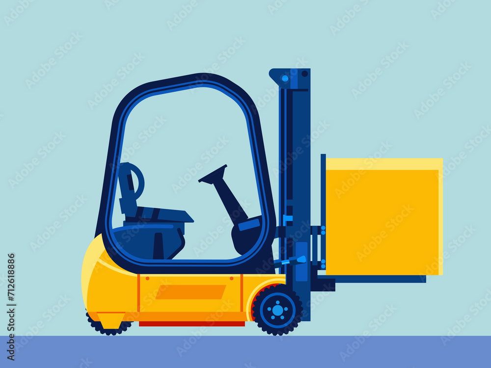 Forklift, industrial truck. Powered industrial truck used to lift and move materials over short distances. Colourful cartoon illustration graphic.