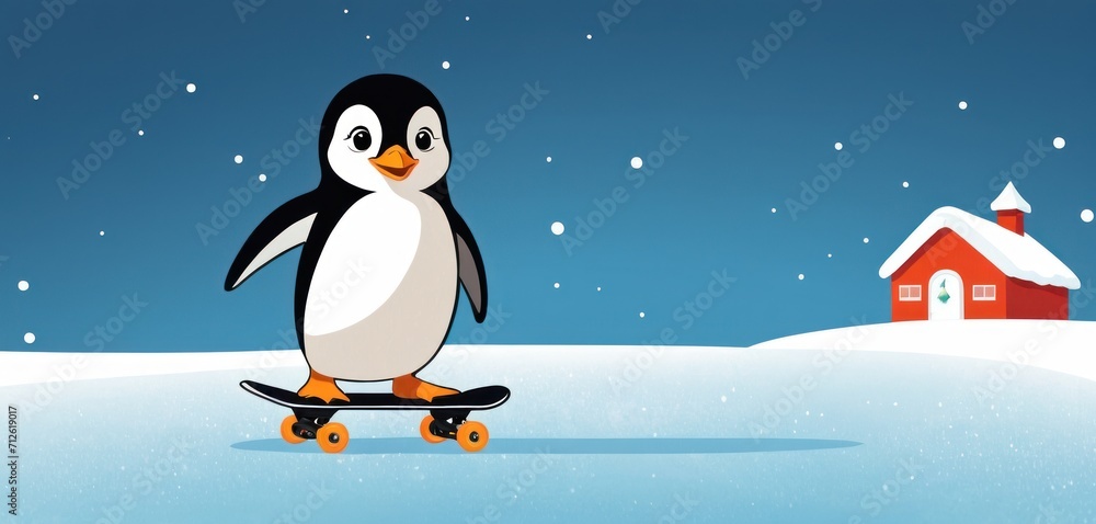 a penguin is riding on a skateboard in a snowy landscape with a red house on the other side of the picture and a blue sky with white snowing. a penguin is riding on a skateboard in a snowy landscape with a red house on the other side of the picture and a blue sky with white snowing.