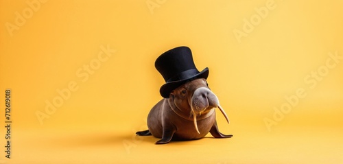  a dog wearing a top hat and holding a string in it's mouth while sitting on a yellow background with a black top hat on it's head.