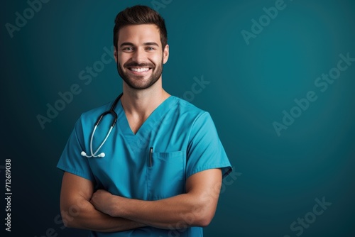 Portrait of a smiling happy male medical doctor or nurse standing isolate on blue background, Medical concept.