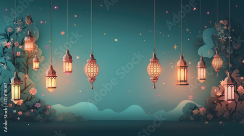 Ramadan Kareem celebration background illustration with arabic lanterns and moon