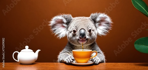  a koala sitting at a table with a cup of tea in front of it and a teapot to the side of it with a teapot in front of it.