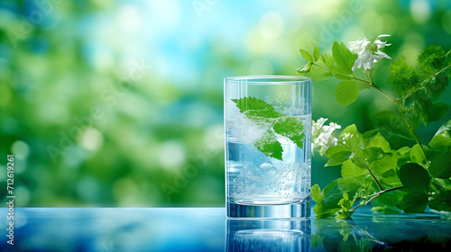 Glass of Water on Green Background 