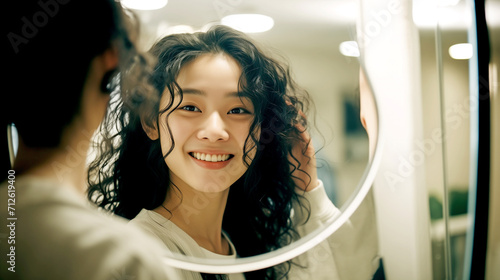 Beautiful Asian Woman Looking in the Mirror 