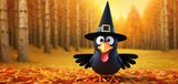  a black bird wearing a witch's hat and sitting in a pile of leaves in front of a forest filled with yellow and orange leaves with trees and yellow leaves.