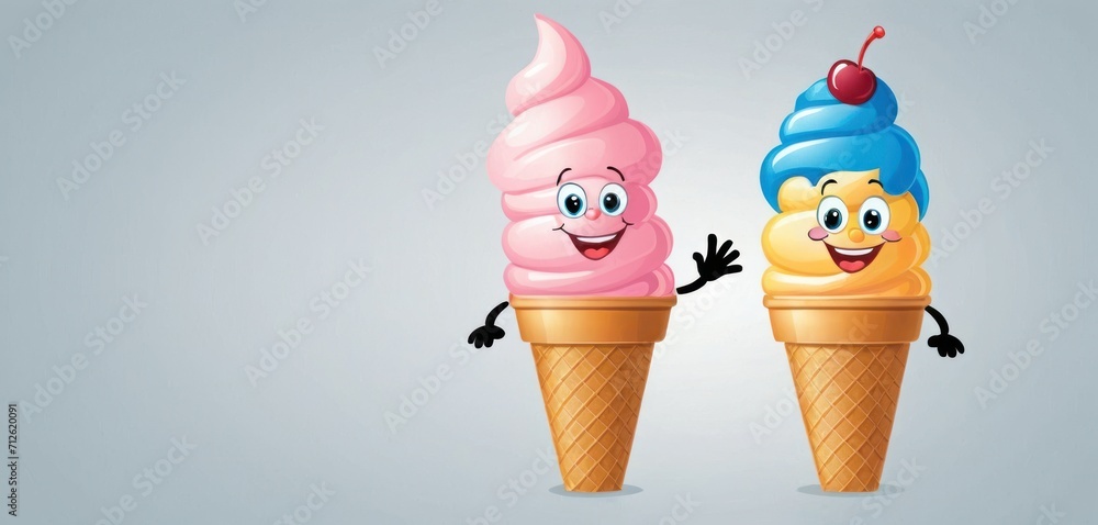  two ice cream cones with faces and arms, one with a cherry on top and one with a cherry on the top, standing next to each other with arms and legs.